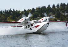 Gweduck amphibian aircraft on a water takeoff run