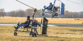 Gyro Technic GT-VX1 (left) and GT-VX2 gyroplanes coming in for landing. (Photo: Loren D. Jones, courtesy of Gyro Technic.)