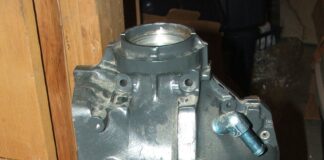 O-290G case with the nose machined for flight use. The mounting lugs were not “countersunk” for conical bushings on this engine. Look for a later article on making the engine mounts.