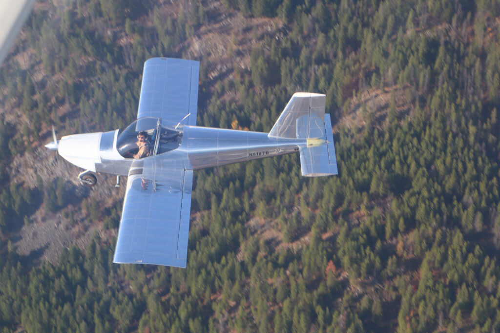 The student-built Van’s RV-12 makes its first flight, flown by Eric Gray. [Credit: North Idaho High School Aerospace Program]