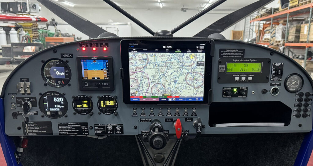 Complete instrumentation includes airspeed indicator, MGL electronic altimeter and VSI, and compass. Engine instrumentation is standard and includes a GRT EIS Model 4000 digital engine monitoring system. [Credit: Aerotrek]
