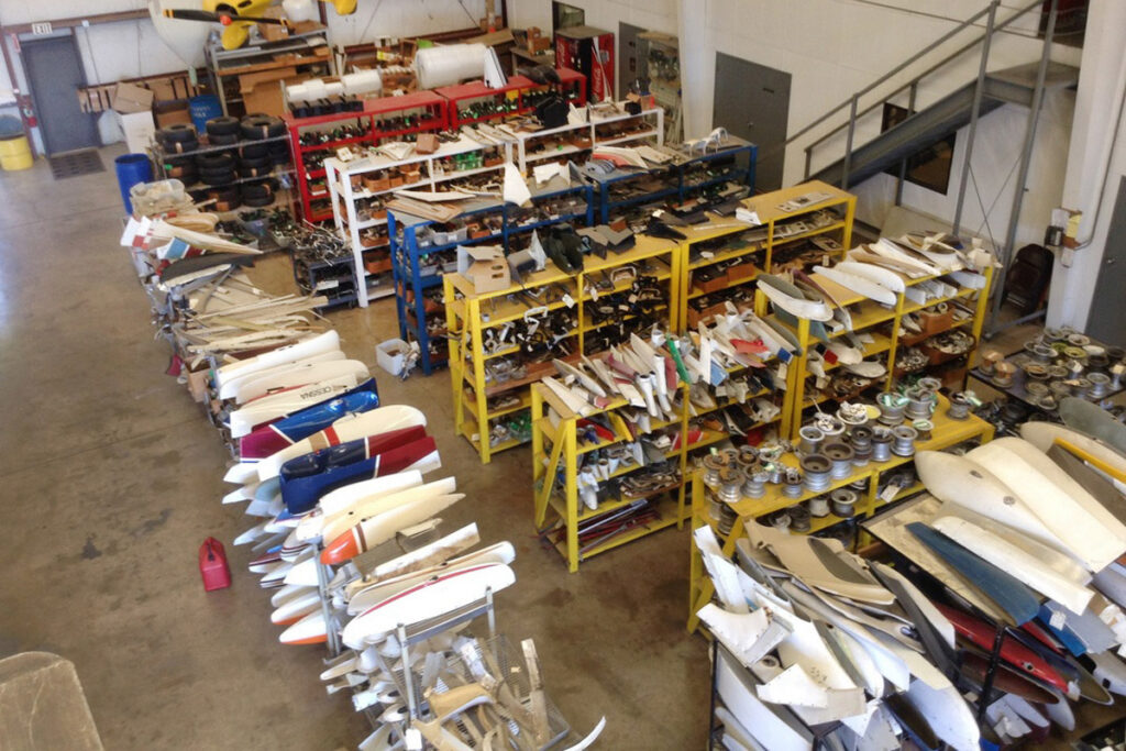 If an aircraft part has been manufactured and installed on a certificated aircraft, it can be found in a salvage yard warehouse. [Credit: Air Salvage of Dallas]