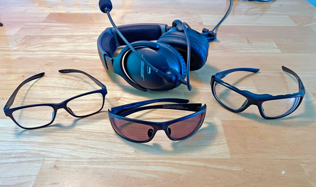 The discomfort of wearing prescription- or sunglasses under an ANR headset is eliminated with Flying Eyes. [Credit: Flying Eyes]
