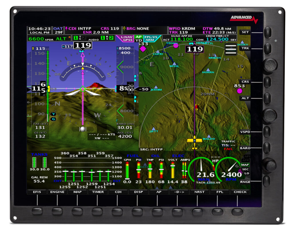 The Advanced  Flight Systems AFS-6600. AFS EFIS models feature high resolution, touchscreen LCD displays. A ew processor enables 60 Hz screen updates for smooth visuals. [Credit: Advanced Flight Systems]