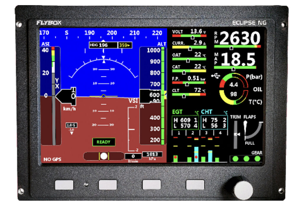 The integrated ECLIPSE NG features a very sunlight readable display that shows the engine and all flight data organized in one or more pages. [Credit: Fielden Aero LLC]