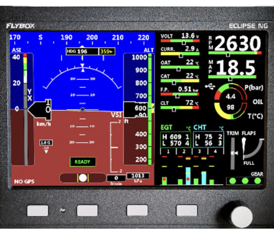 The integrated ECLIPSE NG features a very sunlight readable display that shows the engine and all flight data organized in one or more pages. [Credit: Fielden Aero LLC]