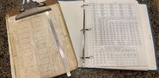 My 36 year old clipboard from when I started at Boeing. Engineering ruler and fastener/fastener hole cheat sheets. [Credit: Andrew Robinson]