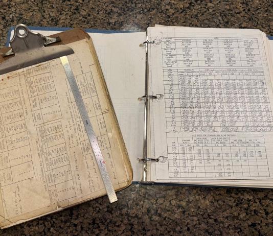 My 36 year old clipboard from when I started at Boeing. Engineering ruler and fastener/fastener hole cheat sheets. [Credit: Andrew Robinson]