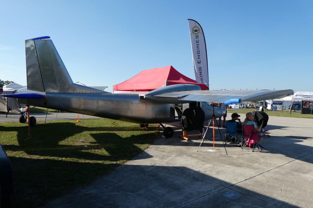 From behind, the V-42’s tall tail and long, flap-less high wing are clear. [Credit: Andrew Robinson]