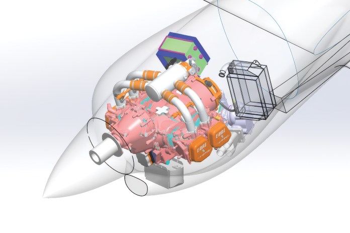 CAD Solidworks model of the Edge Performance 912STi was imported to the fuselage assembly, along with items like the intercooler and radiator, to check for packaging and interference. The CAD allows cross section viewing and controlling part transparency, which is helpful in identifying/avoiding interference between the cowl and various components.