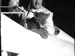 Roscoe Turner, a pilot who defined flamboyance with his waxed mustache, a uniform that included jodhpurs, and a pet lion named Gilmore that flew with him. [Credit: Associated Press]