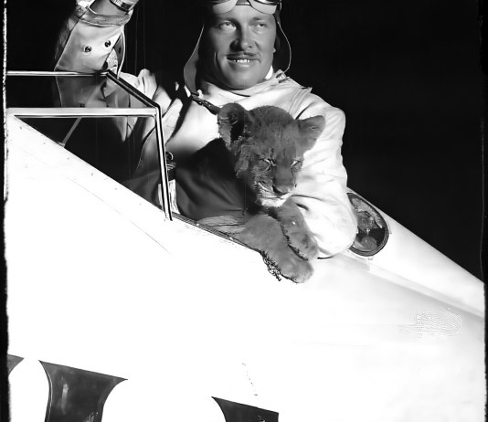 Roscoe Turner, a pilot who defined flamboyance with his waxed mustache, a uniform that included jodhpurs, and a pet lion named Gilmore that flew with him. [Credit: Associated Press]