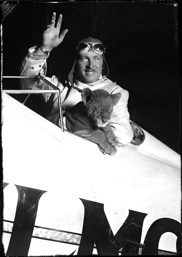 Roscoe Turner, a pilot who defined flamboyance with his waxed mustache, a uniform that included jodhpurs, and a pet lion named Gilmore that flew with him. [Credit: Associated Press]