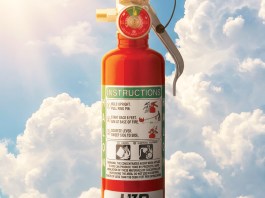 A compact H3R Halon 1211 extinguisher, sized for a two-seat cockpit and safe on energized electrical fires. [Credit: H3R Aviation]