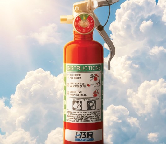 A compact H3R Halon 1211 extinguisher, sized for a two-seat cockpit and safe on energized electrical fires. [Credit: H3R Aviation]