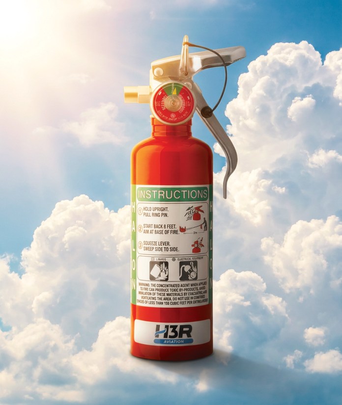 A compact H3R Halon 1211 extinguisher, sized for a two-seat cockpit and safe on energized electrical fires. [Credit: H3R Aviation]