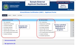 FAA Airworthiness Certification applicant portal dashboard with the Amended Certificate option